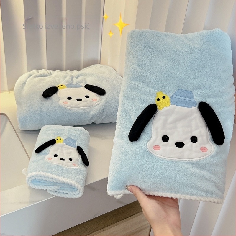 Pochacco dizajna set ručnika, kupaći suknja i tuš kapa, upijajući ručnik od coral fleksa za žene, može se omotati ili nositi, velika veličina