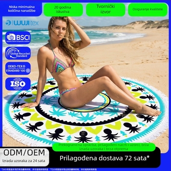 Kružni plažni ručnik od superfinih vlakana, otisnut uzorak, s resicama i mogućnošću tiskanja logotipa.