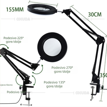 Metalna stolna LED lampa s povećalom za tetoviranje obrva, 64 LED dioda, promjer 155 mm, trobojno osvjetljenje za čitanje