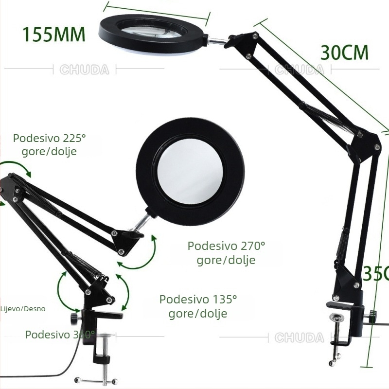 Metalna stolna LED lampa s povećalom za tetoviranje obrva, 64 LED dioda, promjer 155 mm, trobojno osvjetljenje za čitanje