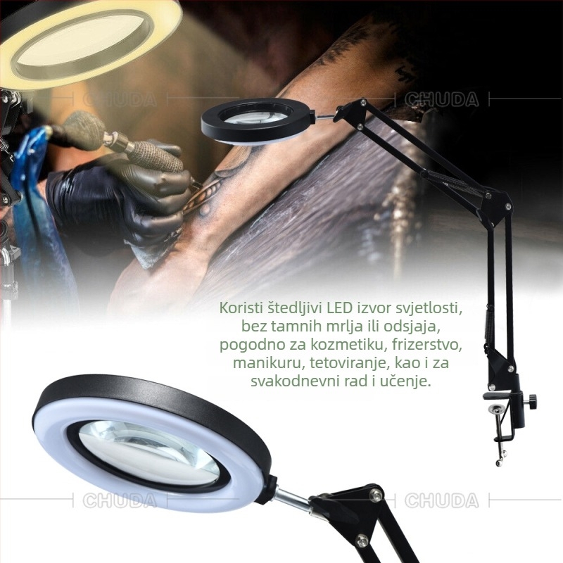Metalna stolna LED lampa s povećalom za tetoviranje obrva, 64 LED dioda, promjer 155 mm, trobojno osvjetljenje za čitanje