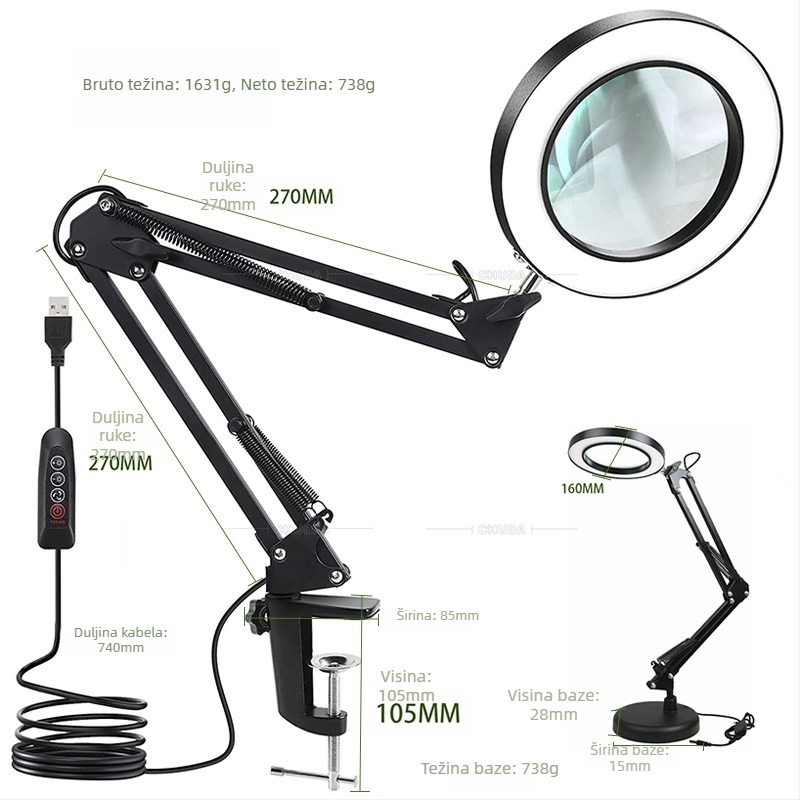Metalna stolna LED lampa s povećalom za tetoviranje obrva, 64 LED dioda, promjer 155 mm, trobojno osvjetljenje za čitanje