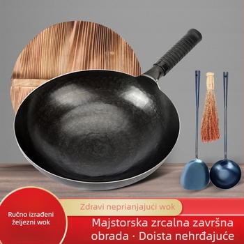 Kovani željezni wok bez premaza, ručno izrađen za kućnu upotrebu, s ogledno-poliranim završetkom, jedne cjeline tijela, drveni poklopac, promjer 30–36 cm