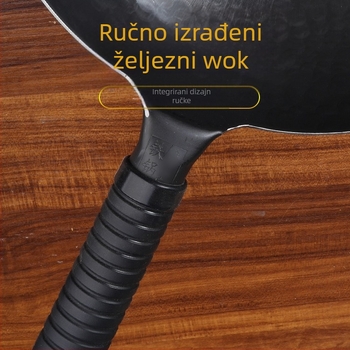 Kovani željezni wok bez premaza, ručno izrađen za kućnu upotrebu, s ogledno-poliranim završetkom, jedne cjeline tijela, drveni poklopac, promjer 30–36 cm