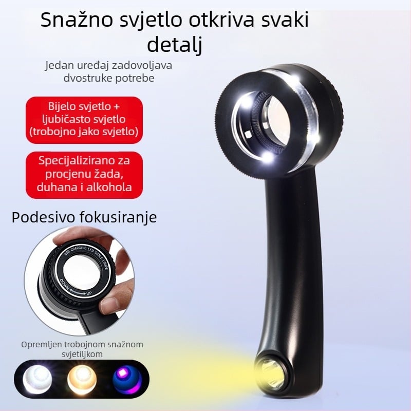 Punjaivo povećalo s jakim svjetlom i UV svjetlom za identifikaciju nakita i jadeita, provjeru duhanskih i alkoholnih proizvoda, makro osvijetljavajuća leća