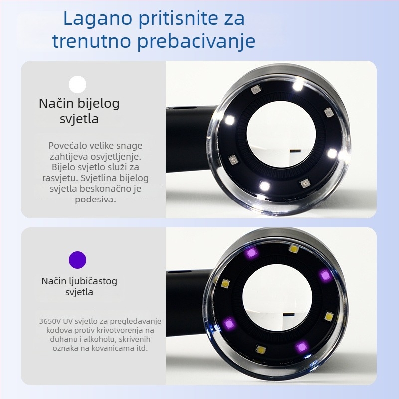 Punjaivo povećalo s jakim svjetlom i UV svjetlom za identifikaciju nakita i jadeita, provjeru duhanskih i alkoholnih proizvoda, makro osvijetljavajuća leća