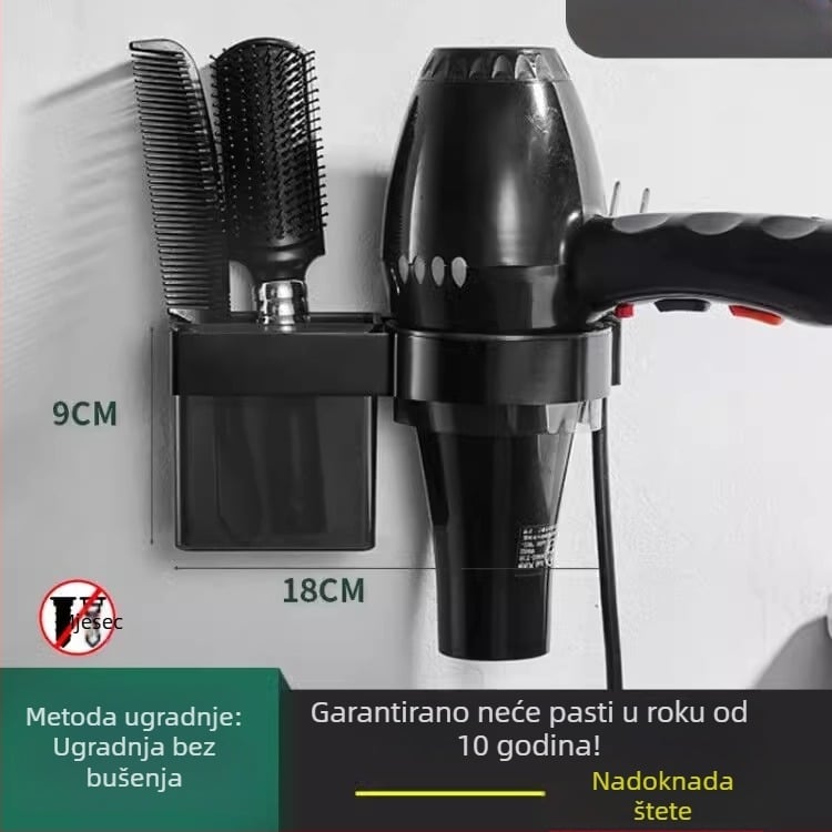 Zidni držač za sušilo za kosu – bez bušenja, organizator kupaonice