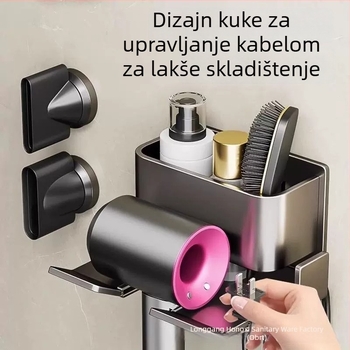 Stalak za sušilo za kosu, zidni držač, bez bušenja, kvadratnog oblika, jedan nivo, moderan minimalistički dizajn