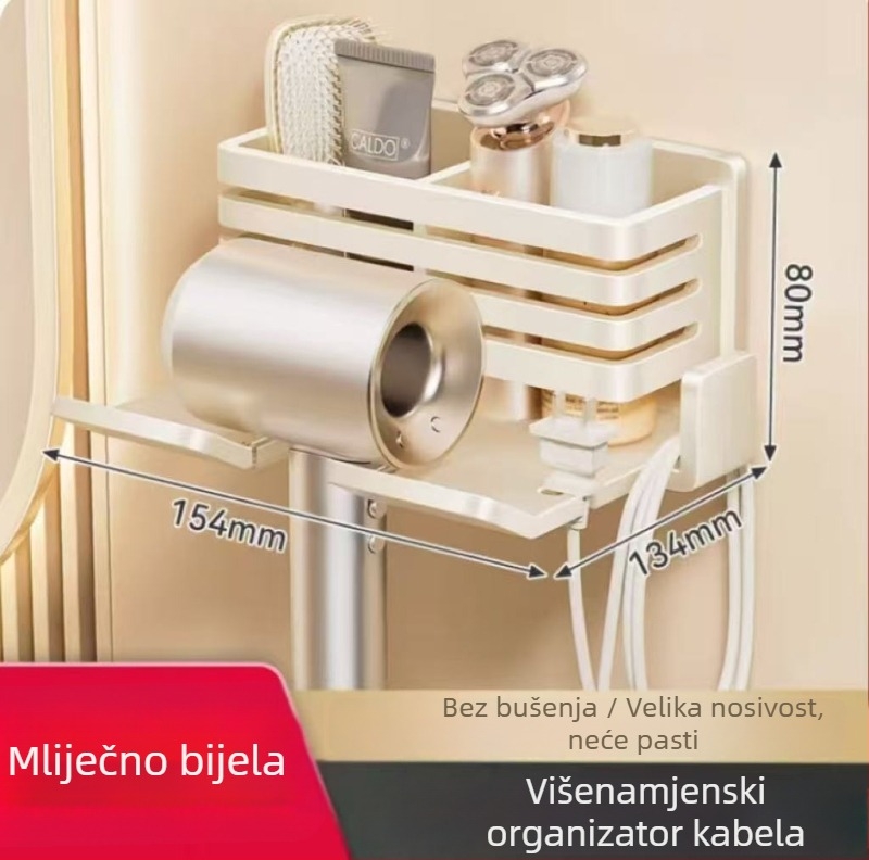 Stalak za sušilo za kosu, zidni držač, bez bušenja, kvadratnog oblika, jedan nivo, moderan minimalistički dizajn