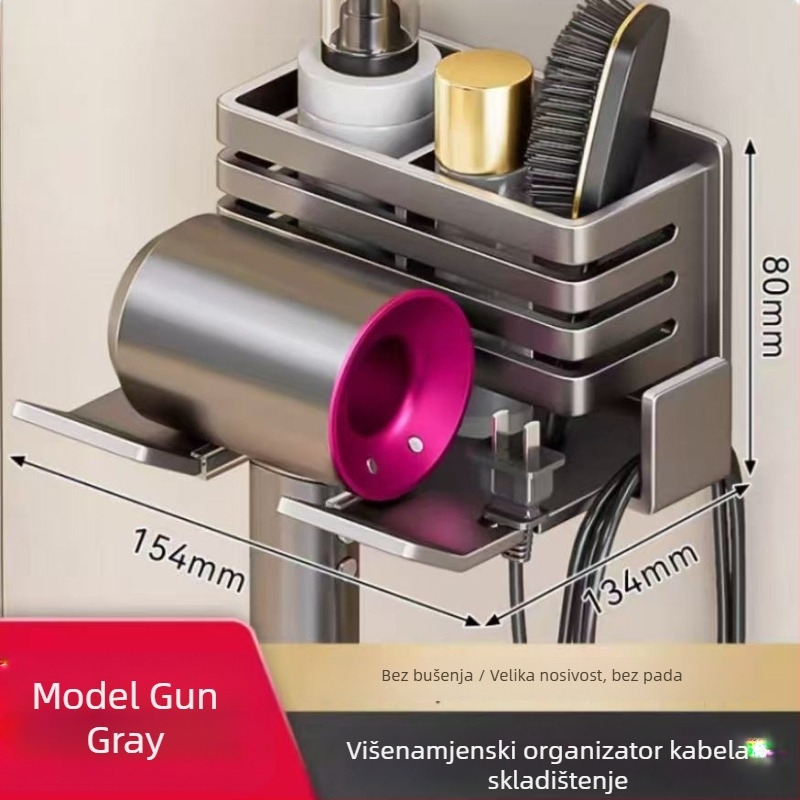 Stalak za sušilo za kosu, zidni držač, bez bušenja, kvadratnog oblika, jedan nivo, moderan minimalistički dizajn