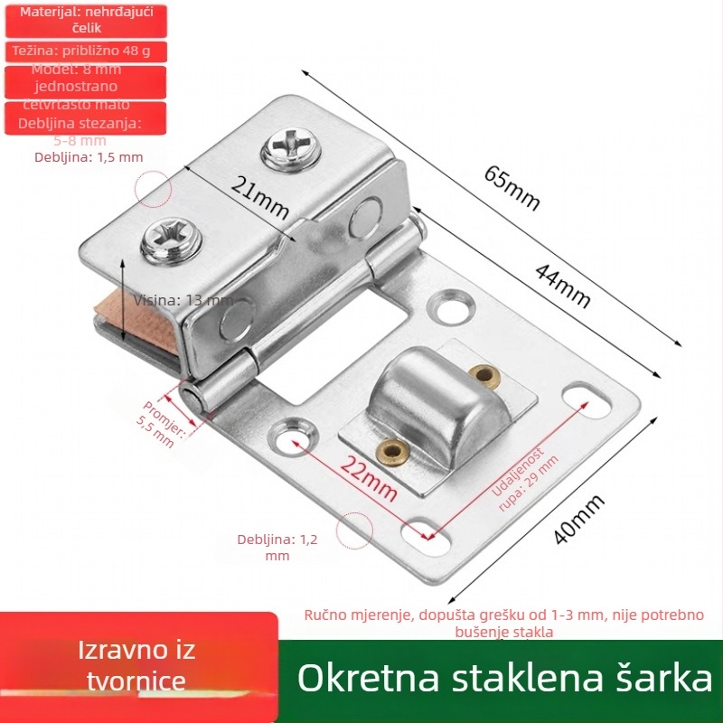 Dvostrani šarnir za staklena vrata ormarića, bez bušenja, nehrđajući čelik 201
