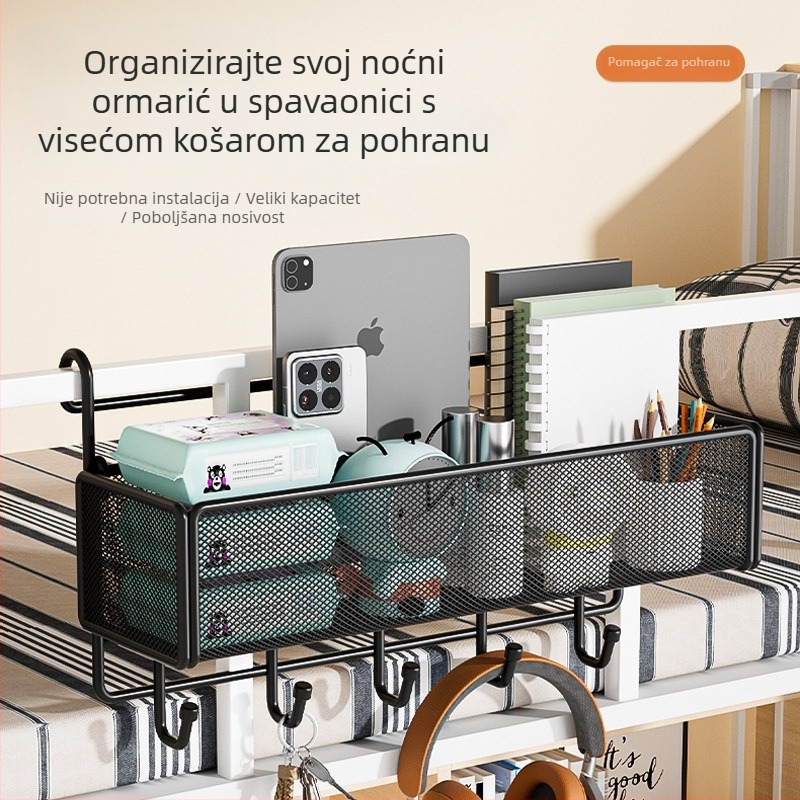 Vješeni koš za pohranu pored kreveta u studentskom domu, bez bušenja, minimalistički dizajn