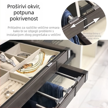 Organizator ormara s pomičnim odjeljcima, amortiziranim zatvaranjem i stalkom za hlače, višenamjensko skladištenje s ratanskim naglaskom
