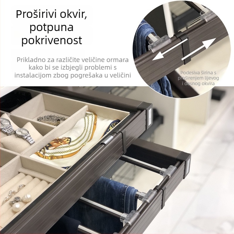 Organizator ormara s pomičnim odjeljcima, amortiziranim zatvaranjem i stalkom za hlače, višenamjensko skladištenje s ratanskim naglaskom
