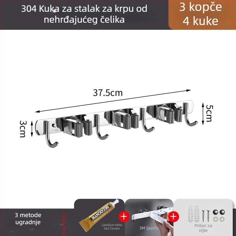 Klip za mop od nehrđajućeg čelika, zidni držač bez bušenja
