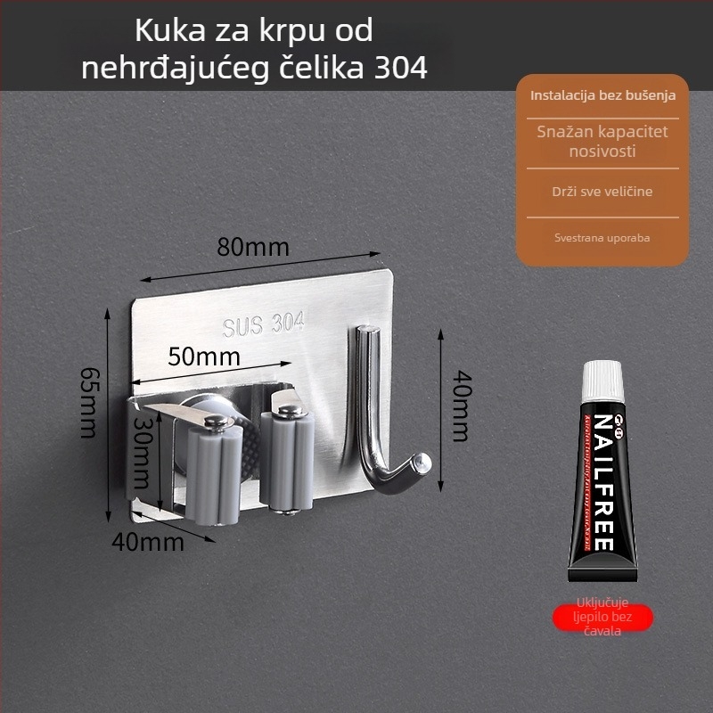 Klip za mop od nehrđajućeg čelika, zidni držač bez bušenja