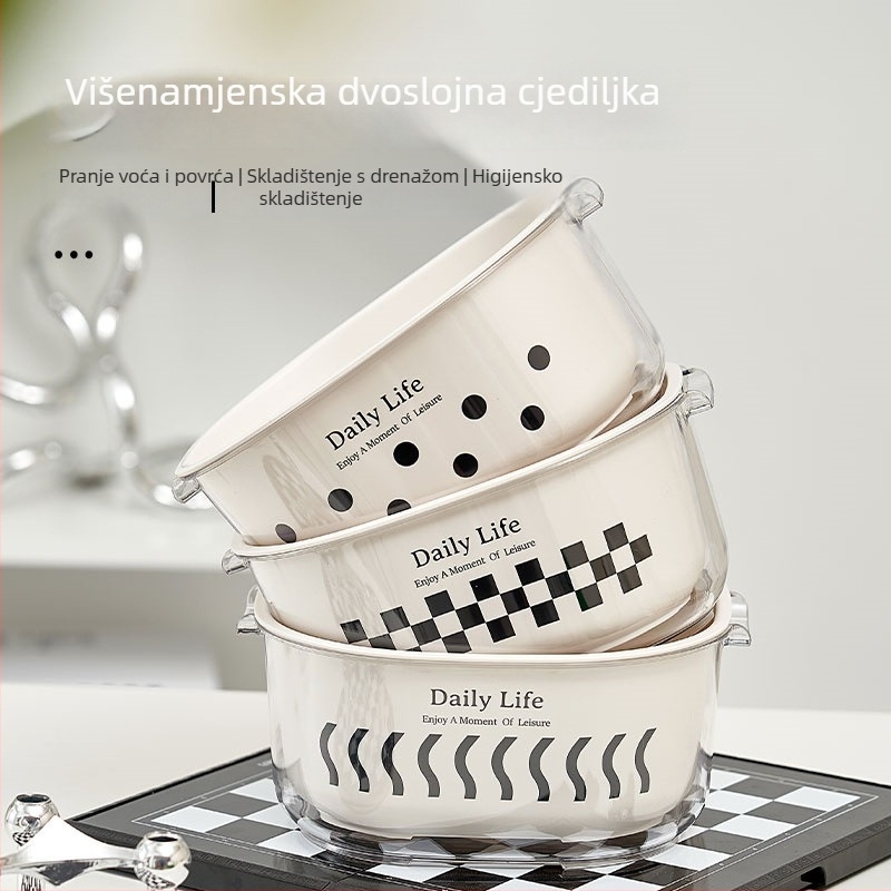 Dvostruki višeslojni odvodni koš za kuhinju, koš za pranje voća i povrća, prozirni pladanj za voće