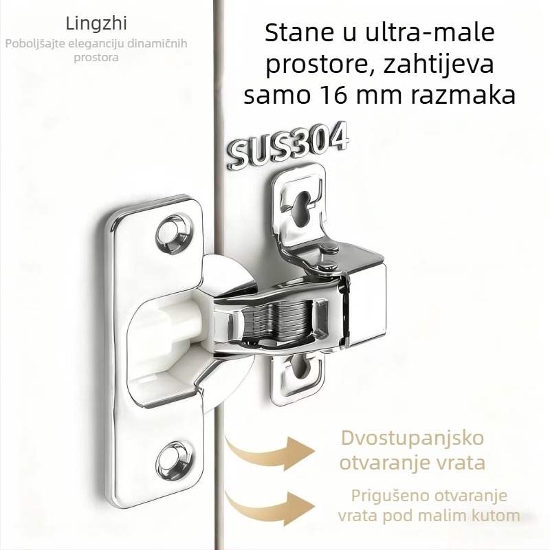 Šarka od nehrđajućeg čelika s ultra-kratkim ramom i hidrauličnim amortizerom, za uska bočna vrata garderobe