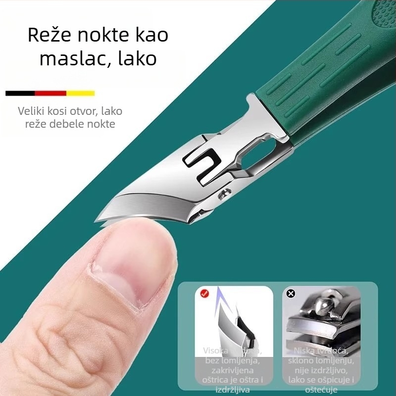 Kompaktno oštri kliješta za nokte s nagnutim čeljustima i zaštitom od prskanja, za debele i tvrde nokte; dizajn orlovog kljuna