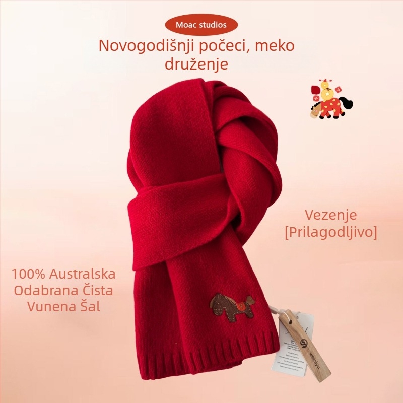 Crveni pleteni šal od 100% čiste vune, za žene i muškarce, zimski modni dodatak, topao i svestran