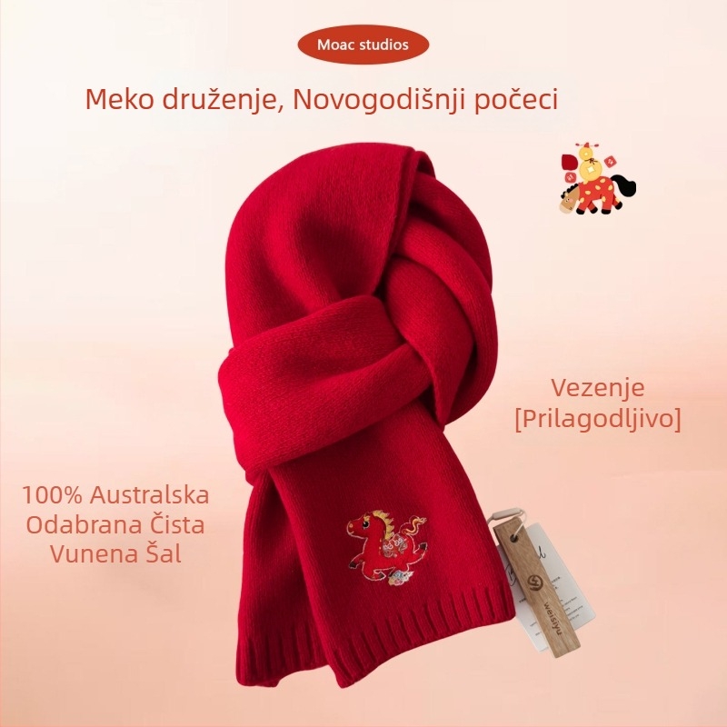 Crveni pleteni šal od 100% čiste vune, za žene i muškarce, zimski modni dodatak, topao i svestran