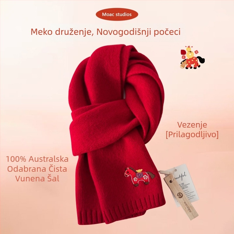 Crveni pleteni šal od 100% čiste vune, za žene i muškarce, zimski modni dodatak, topao i svestran