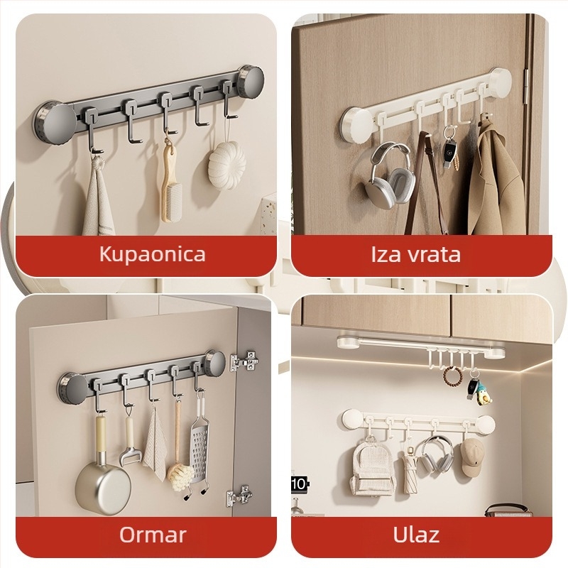 Kuhinjski kuk s vakuumom, bez bušenja, nosivost 3-5 kg, organizator za špatule i žlice, moderan dizajn, 8 komada, ABS materijal