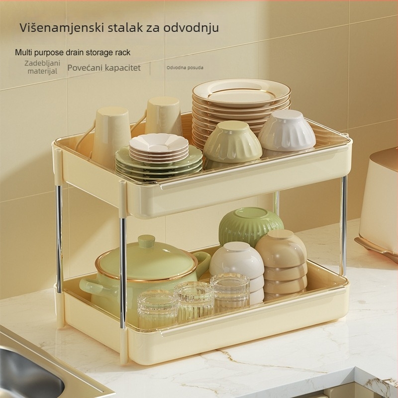 Kuhinjski dvostruki stalak za posuđe, podignuta polica, velik kapacitet, odvodni stalak za posuđe