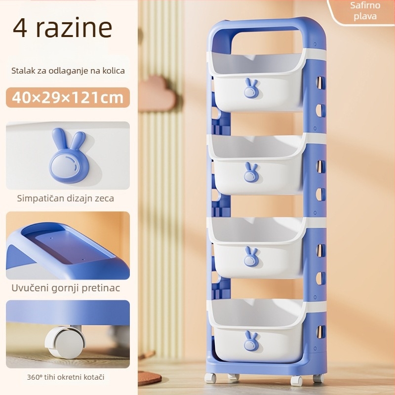 Četveroslojni dječji stalak za pohranu na kotačima s motivom pingvina, s odvojivim košem za igračke