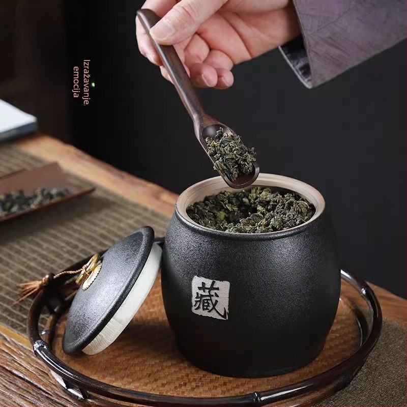 Crni keramički spremnik za čaj, srednje veličine, japanskog stila za kućnu upotrebu, čvrsto zatvoren i otporan na vlagu, za Pu'er čaj (250 g)