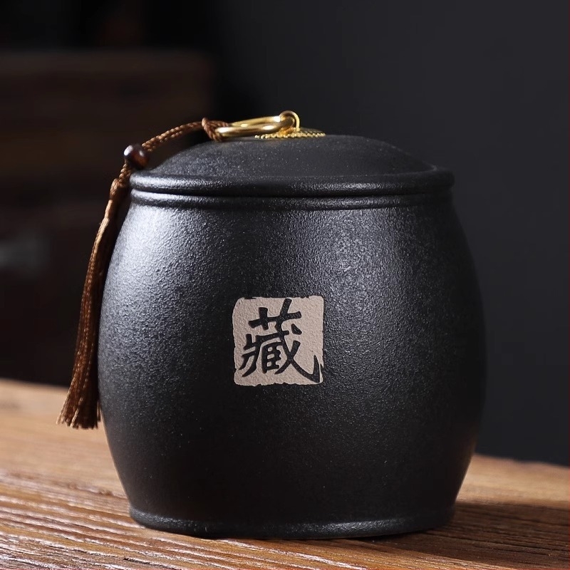 Crni keramički spremnik za čaj, srednje veličine, japanskog stila za kućnu upotrebu, čvrsto zatvoren i otporan na vlagu, za Pu'er čaj (250 g)