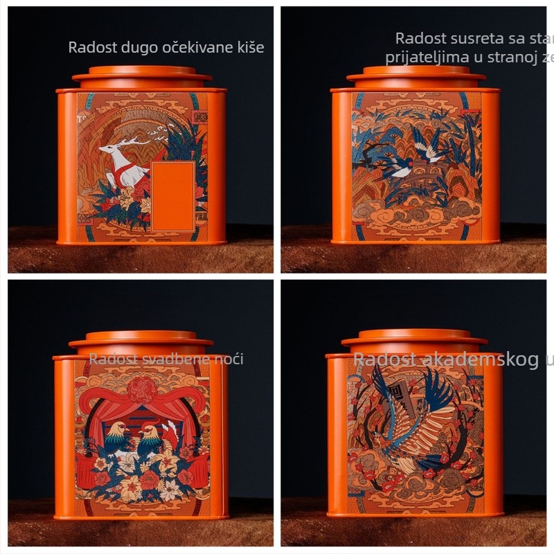 Metalna kutija za čaj, kvadratnog oblika, od tin-plata, s zaštitom od prašine, za crni čaj, kapacitet 125/250/500 ml, boje narančasta, crvena, plava, smeđa, model Happiness in Life