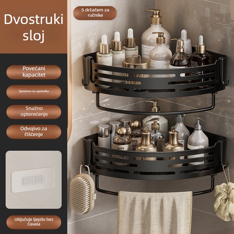 Kupaonski kutni zidni stalak s podignutim dijelom, bez bušenja, za WC i skladištenje