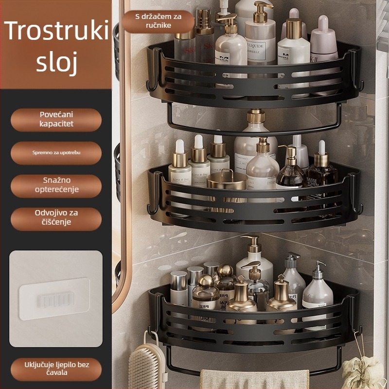 Kupaonski kutni zidni stalak s podignutim dijelom, bez bušenja, za WC i skladištenje