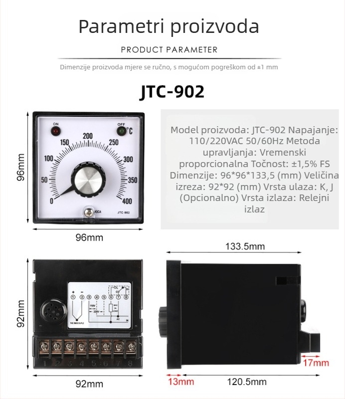 JTC-902/903 termostat s pokazivačem i gumbnim regulatorom, napajanje 110/220V, regulator temperatura NNC