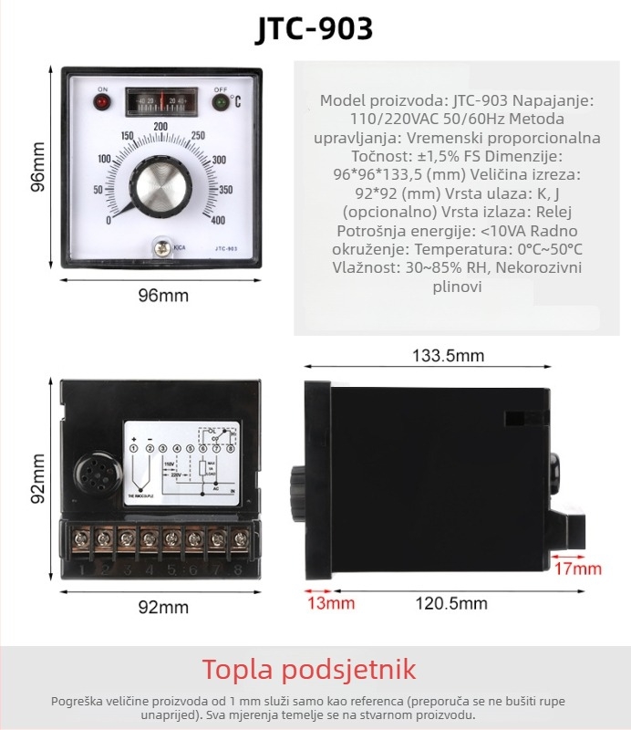 JTC-902/903 termostat s pokazivačem i gumbnim regulatorom, napajanje 110/220V, regulator temperatura NNC