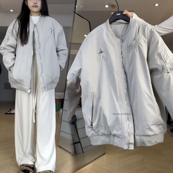 Ženska bomber jakna s pamučnim punjenjem, kratka, dugi rukavi, baseball ovratnik, gradski zimski stil