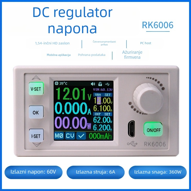 RK6006 digitalni zaslon, podesivo DC napajanje – pločasti modul, ulaz 24–48V, smanjenje napona baterije, širok raspon napona, konstantan izlaz struje