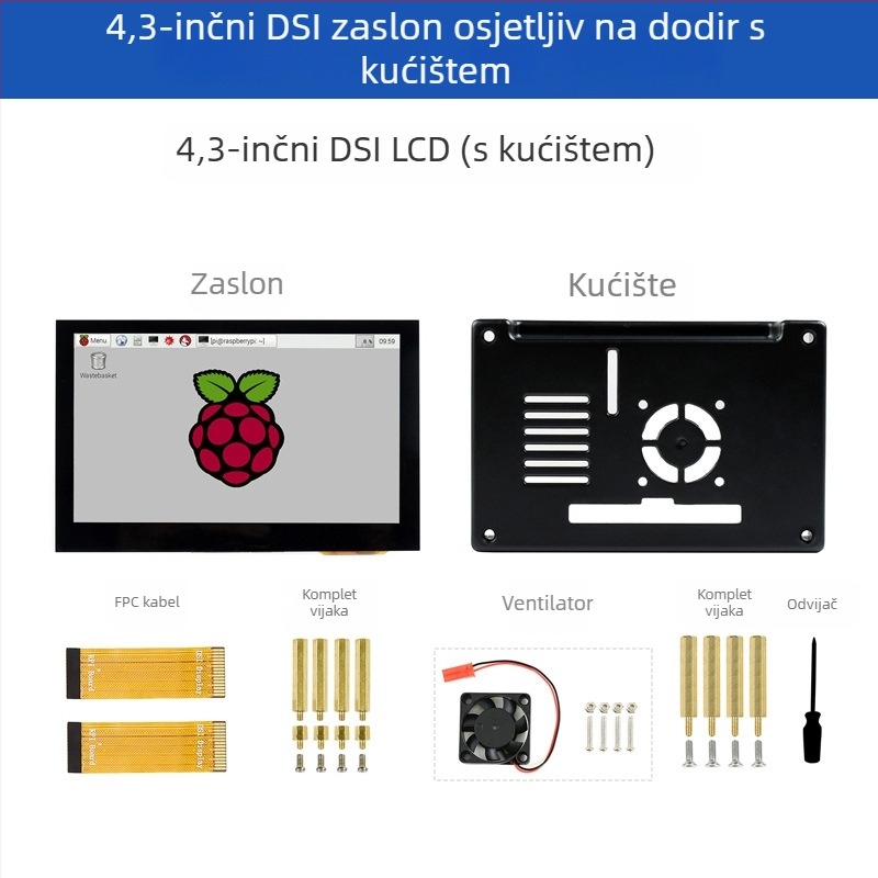 Zaslon Raspberry Pi s 4,3 inča kapacitivnim dodirnim zaslonom, MIPI DSI sučelje, IPS panel, kućište od 3D ispisa