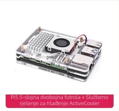 Akrilno kućište za Raspberry Pi 5, 5 slojeva, crno-prozirno dvobojno, kompatibilno s pločom Raspberry Pi 5.