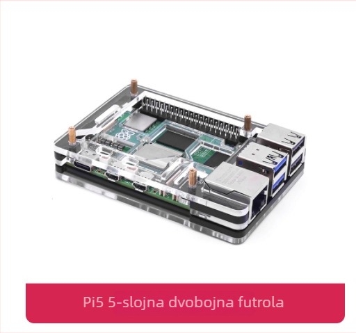 Akrilno kućište za Raspberry Pi 5, 5 slojeva, crno-prozirno dvobojno, kompatibilno s pločom Raspberry Pi 5.