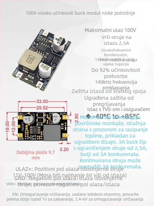 DC-DC pretvarački modul od 11–100V do 3.3/5/9/12/24V, 2.5A, visoka učinkovitost
