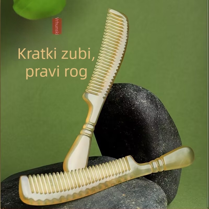 Prirodni rog češalj za masažu meridijana i glave, fini zubi, antistaticki, prijenosni za žene