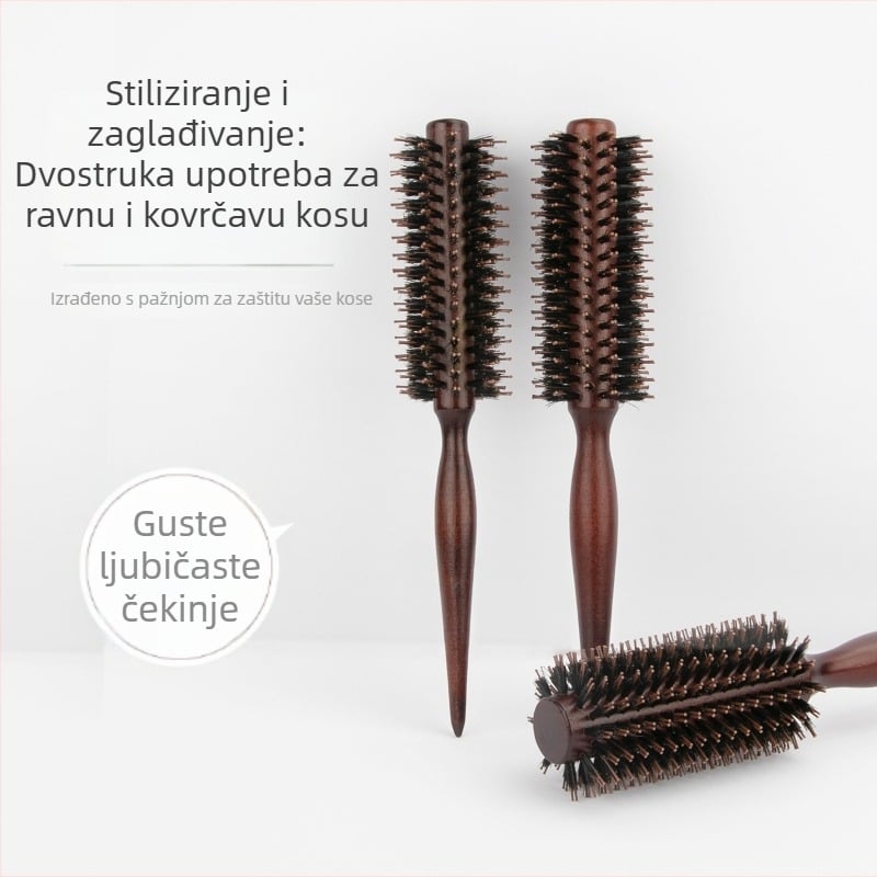 Drveni okrugli češalj s prirodnim dlačicama za stiliziranje, masažu i njegu kose