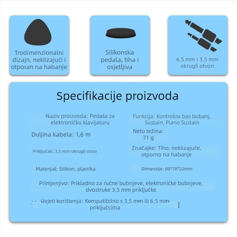 Tihi pedal za elektroničku klavijaturu/organ, MIDI pedal s 3,5 mm priključkom i 6,5 mm jackom