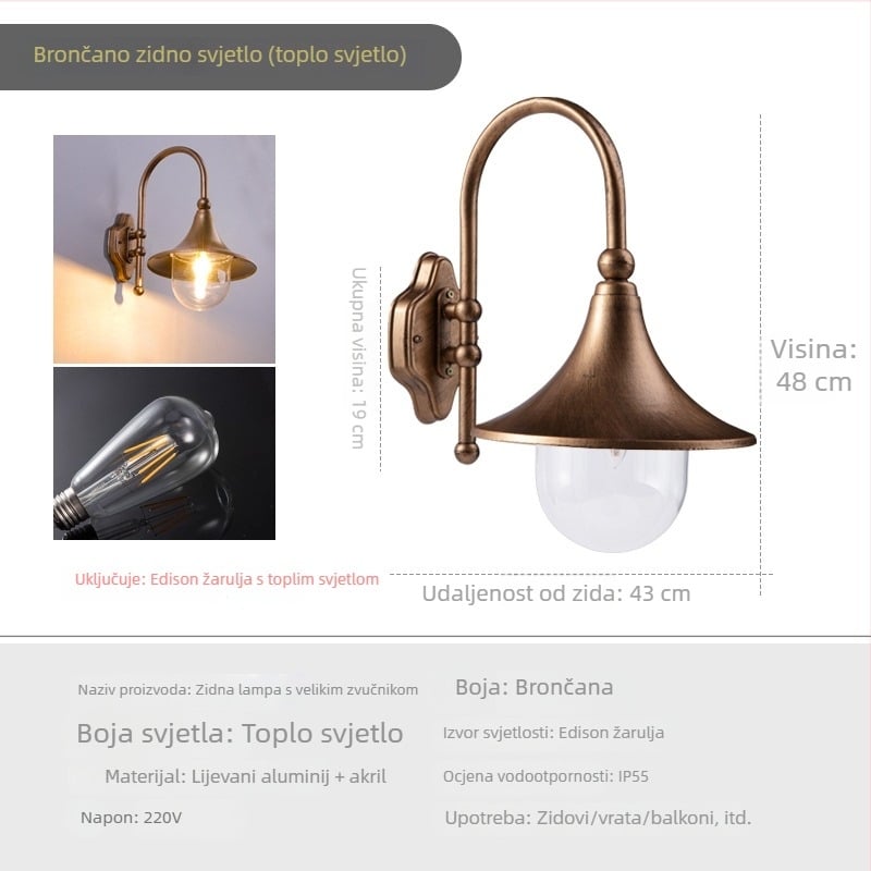 Vanjska zidna lampa s europskim retro stilom, u obliku roga, potpuno aluminijska, za vrata, stepenice, balkon i terasu.