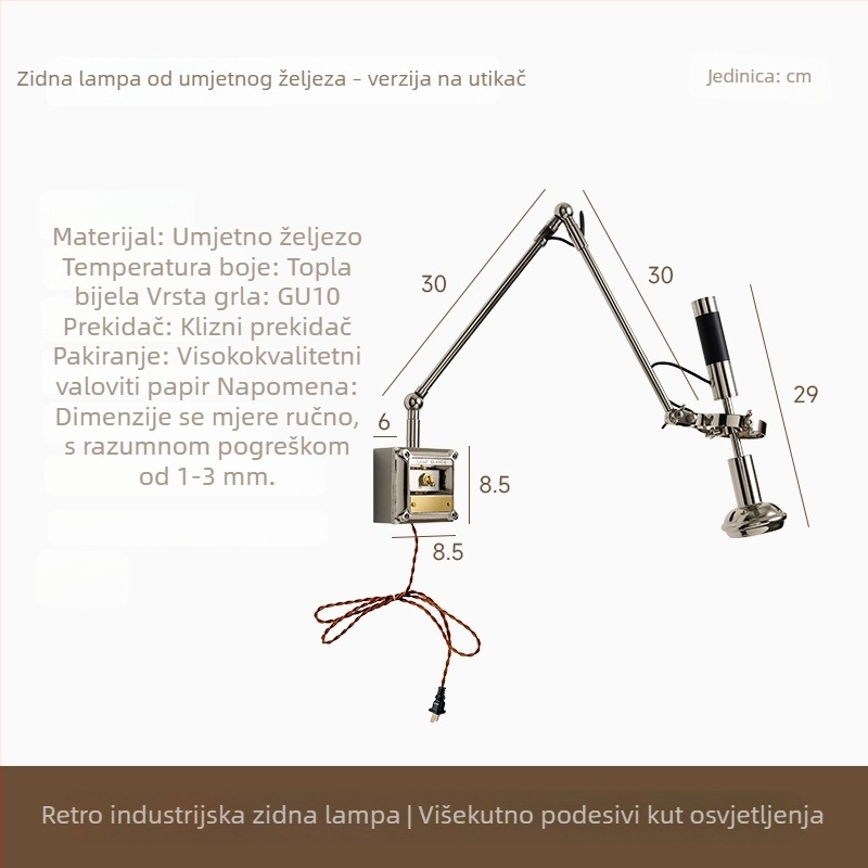 Retro industrijska zidna lampa s pomičnim ramenom, za kafić, spavaću sobu i hodnik – kreativna dizajnerska svjetiljka