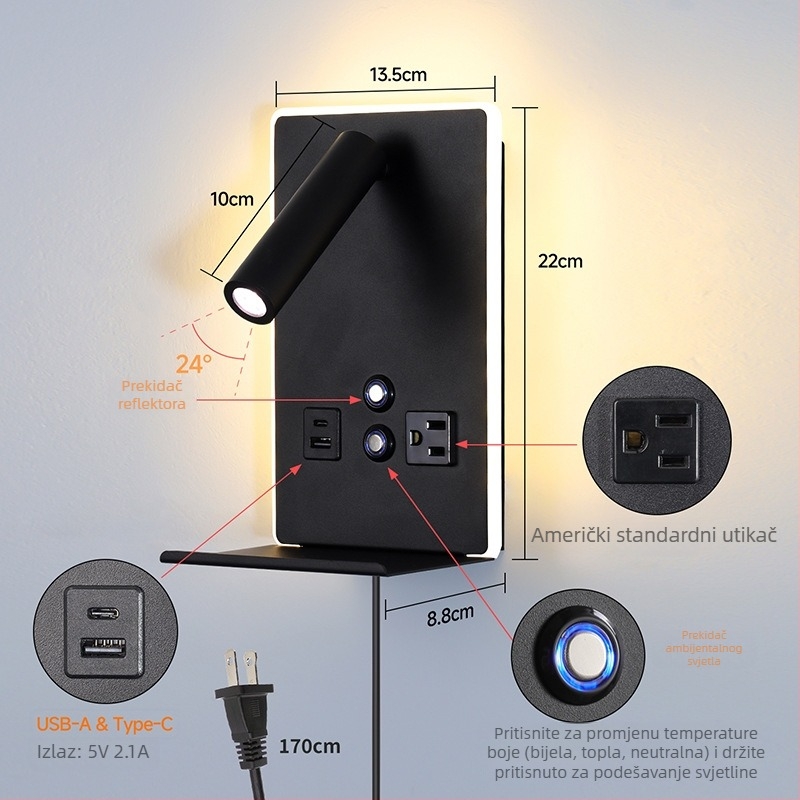 LED zidna lampa za čitanje za spavaću sobu i dnevni boravak, zidni nosač, moderni minimalistički stil, vrhunsko ambijentalno osvjetljenje