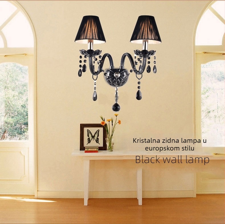 Crna zidna svjetiljka od kristala, europskog stila, s dvostrukim svijećnjakom, retro dizajn za hodnik i spavaću sobu