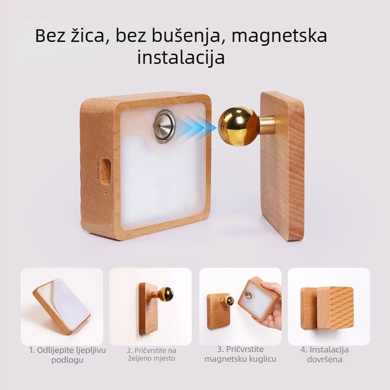 Lampe za noćni ormarić od masivnog drveta sa gravitacijskim senzorom, kubičnog oblika, zidna rasvjeta s bežičnim punjenjem, magnetski odvojivi dizajn i upravljanje dodirivanjem